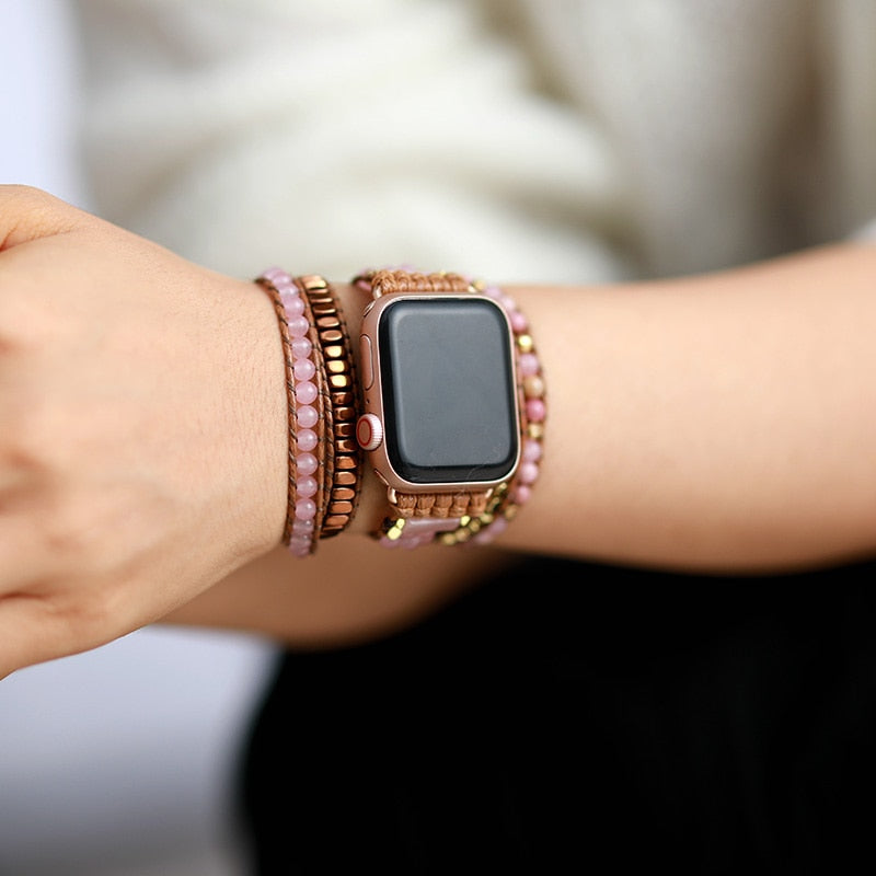 Natural Rose Quartz & Rhodonite 4 Layer Apple Watch Band