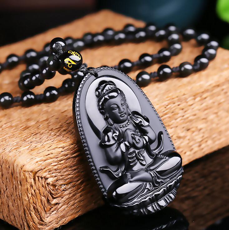 Natural Black Obsidian Eight Patron Saint Buddha Pendant Necklace