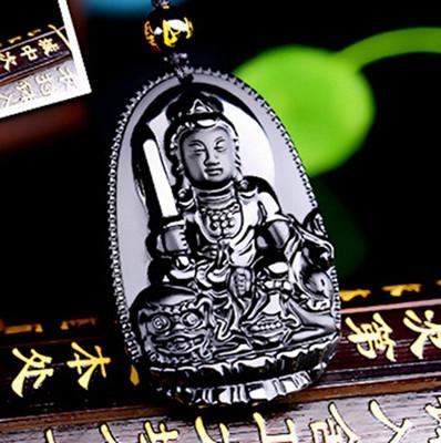 Natural Black Obsidian Eight Patron Saint Buddha Pendant Necklace