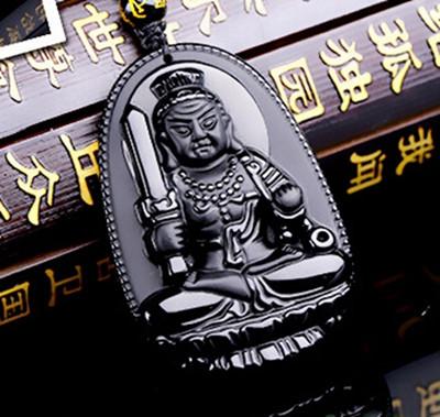 Natural Black Obsidian Eight Patron Saint Buddha Pendant Necklace