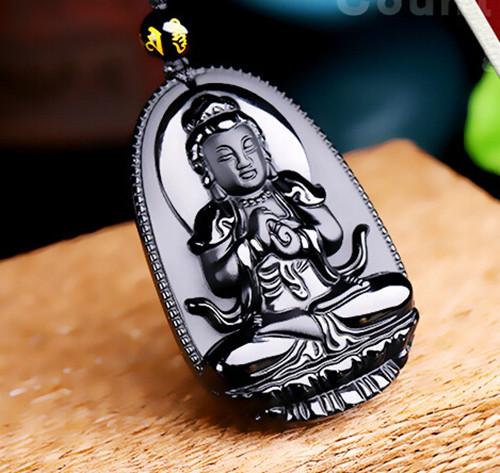 Natural Black Obsidian Eight Patron Saint Buddha Pendant Necklace