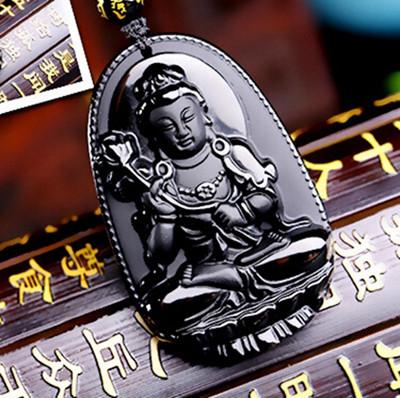 Natural Black Obsidian Eight Patron Saint Buddha Pendant Necklace