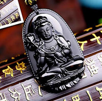 Thumbnail for Natural Black Obsidian Eight Patron Saint Buddha Pendant Necklace