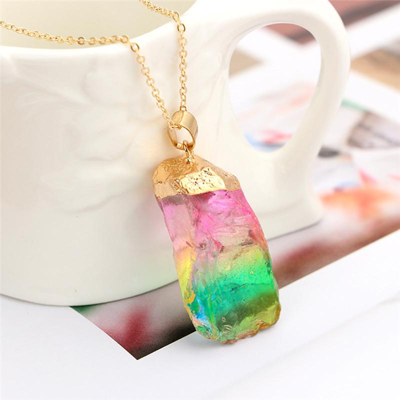 Rainbow Aura Natural Quartz Stone Pendant Necklace