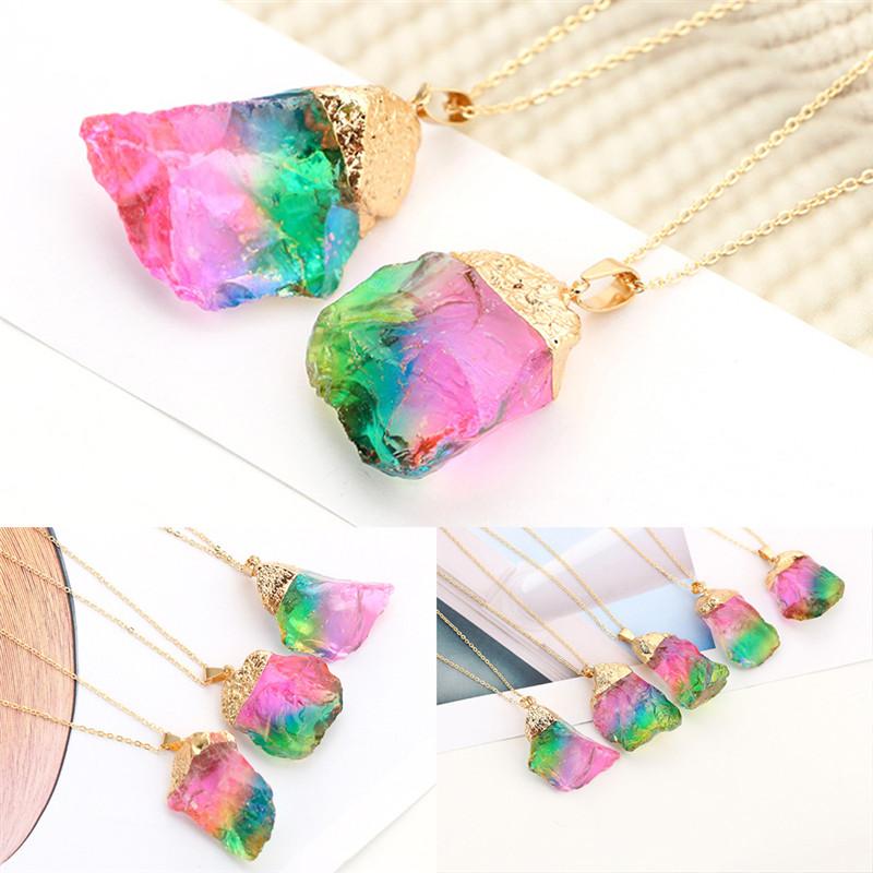 Rainbow Aura Natural Quartz Stone Pendant Necklace