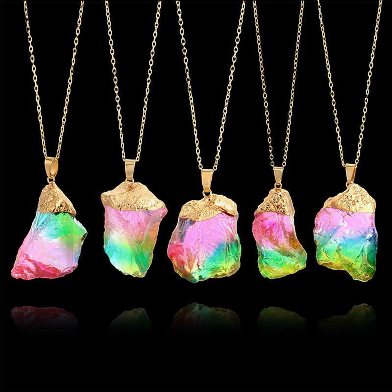 Rainbow Aura Natural Quartz Stone Pendant Necklace