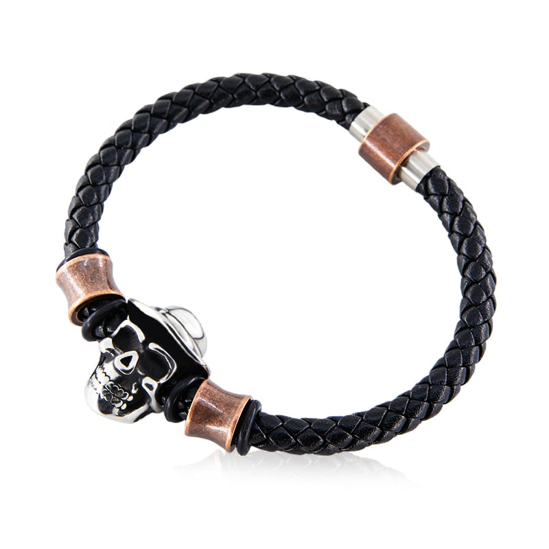 Men's Stainless Steel Skull & Genuine Leather 'STAMINA' Bracelet