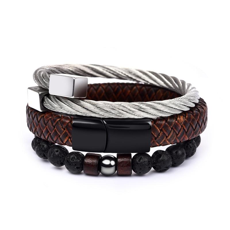 Leather, Steel & Lava Stone 3 pc Mens Bracelet Set