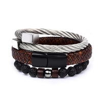 Thumbnail for Leather, Steel & Lava Stone 3 pc Mens Bracelet Set