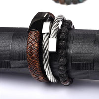 Thumbnail for Leather, Steel & Lava Stone 3 pc Mens Bracelet Set