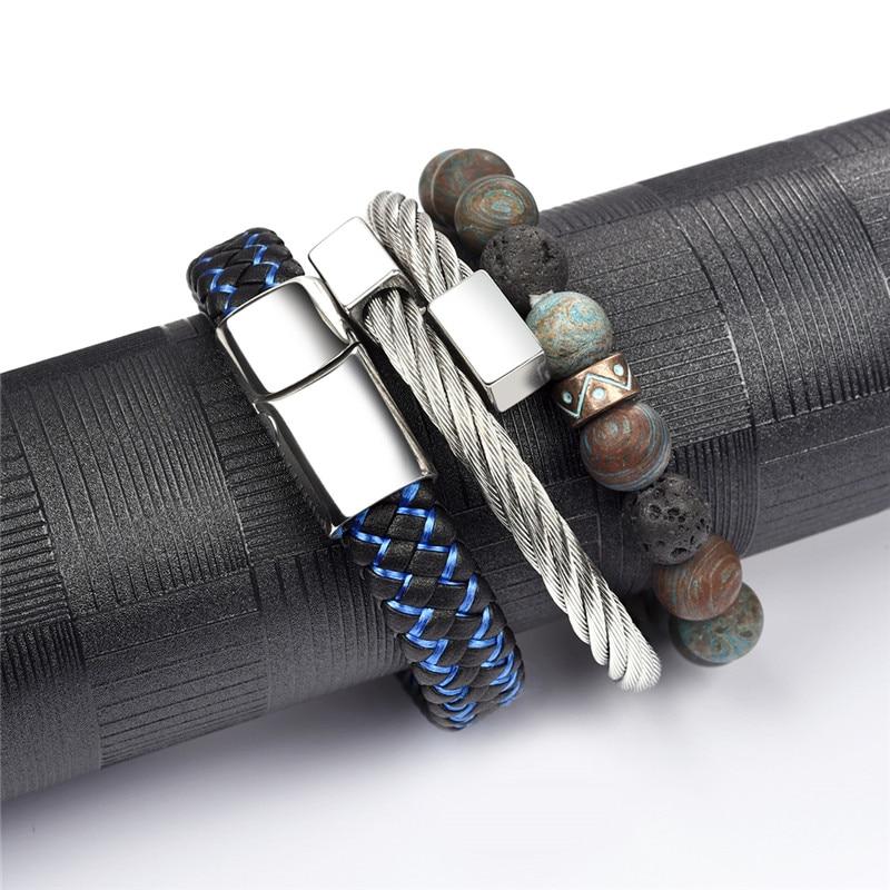 Steel, Leather & Crazy Lace HAPPY STONE Men's Bangle & Bracelet 3pc Set