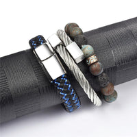 Thumbnail for Steel, Leather & Crazy Lace HAPPY STONE Men's Bangle & Bracelet 3pc Set