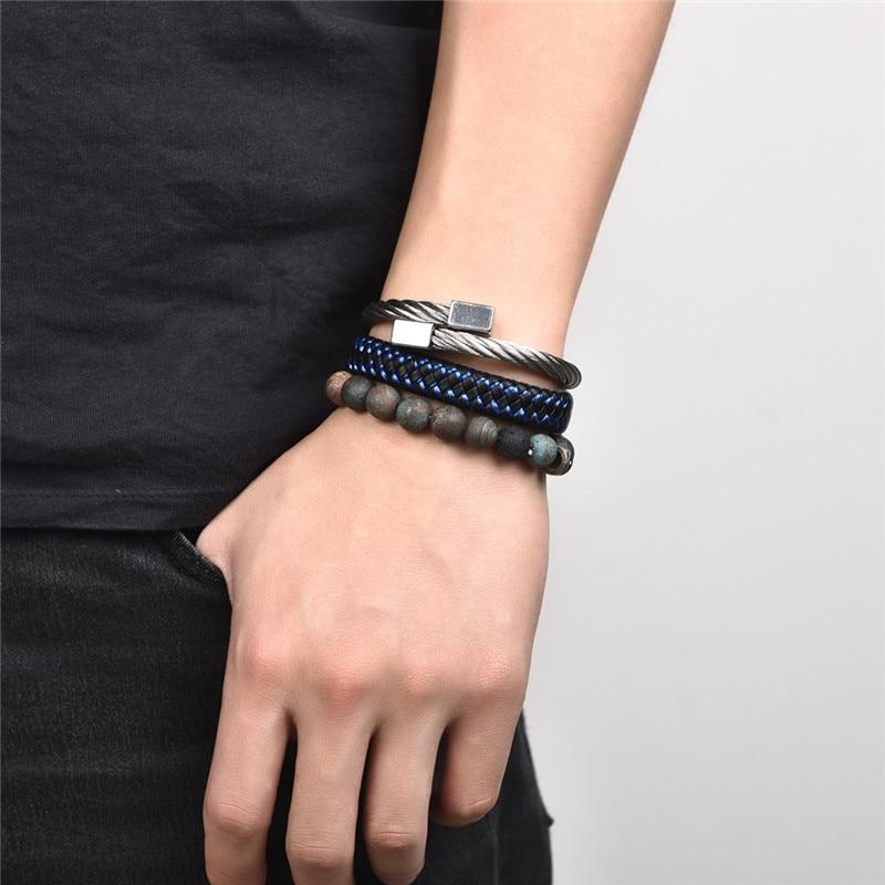 Steel, Leather & Crazy Lace HAPPY STONE Men's Bangle & Bracelet 3pc Set