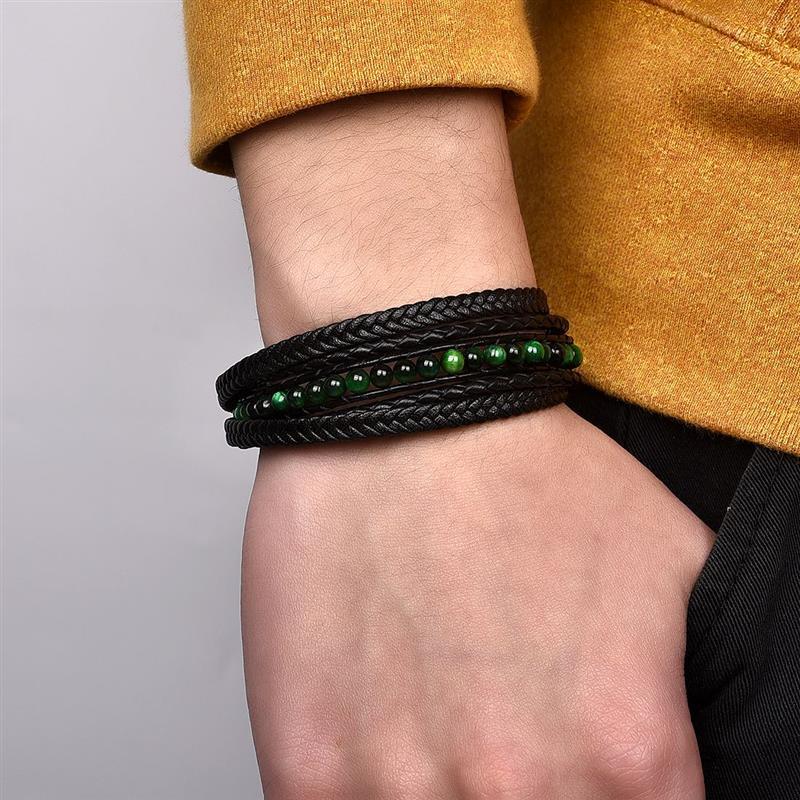 Men's Multi-layer Titanium Steel, Leather & Green Tiger Eye COURAGE Bracelet