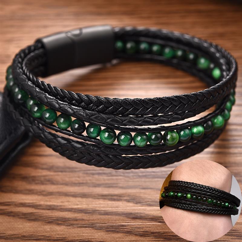 Men's Multi-layer Titanium Steel, Leather & Green Tiger Eye COURAGE Bracelet