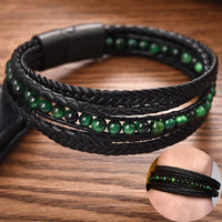 Thumbnail for Men's Multi-layer Titanium Steel, Leather & Green Tiger Eye COURAGE Bracelet