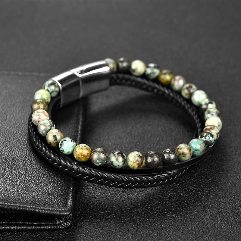 Men's Multi-layer Titanium Steel, Leather & Green Tiger Eye COURAGE Bracelet