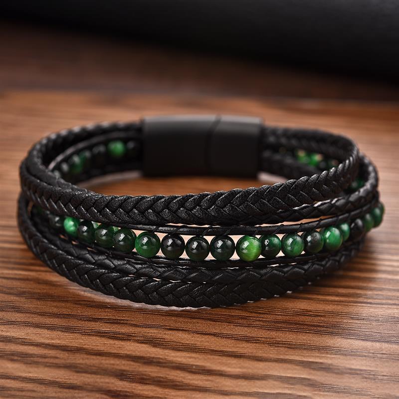 Men's Multi-layer Titanium Steel, Leather & Green Tiger Eye COURAGE Bracelet