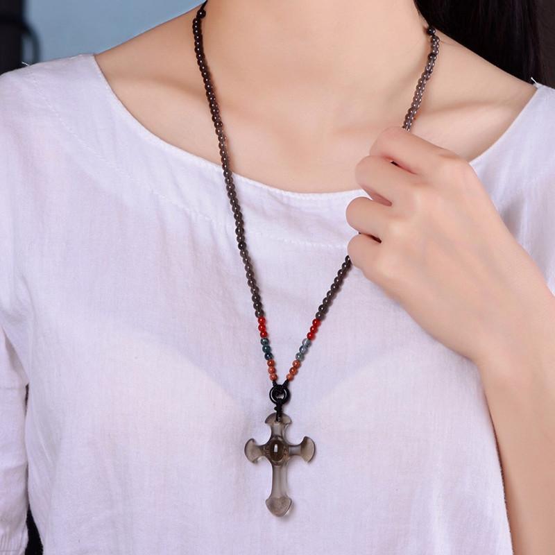 Natural Ice Obsidian Stone Cross Necklace