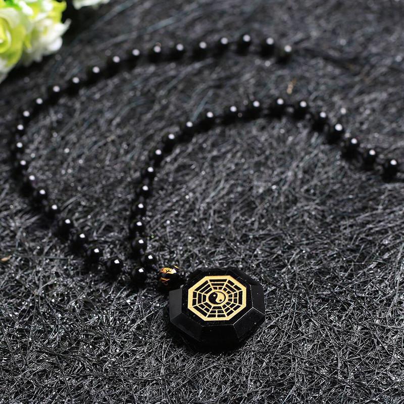 Natural Obsidian Stone Bagua Map Pendant Necklace