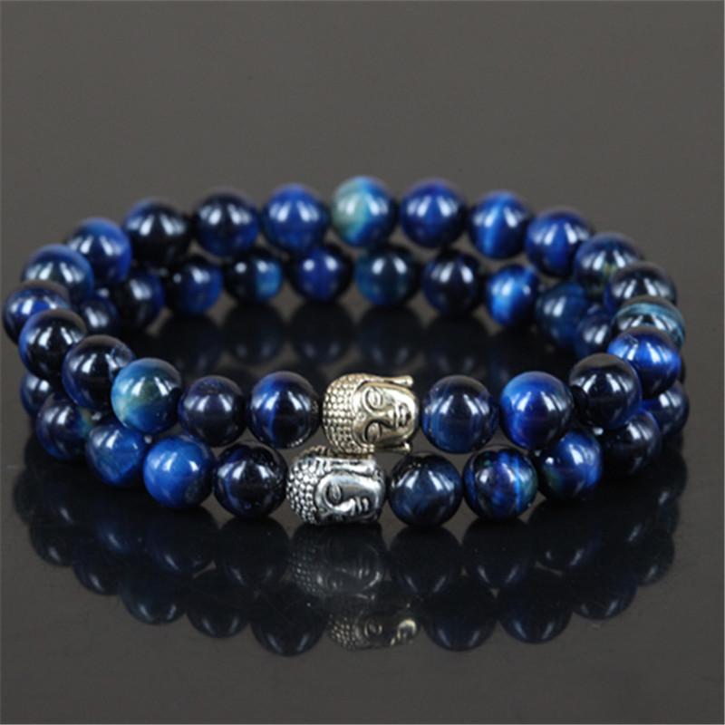 2pcs Natural Blue Tiger Eye  Buddha Head Bracelets