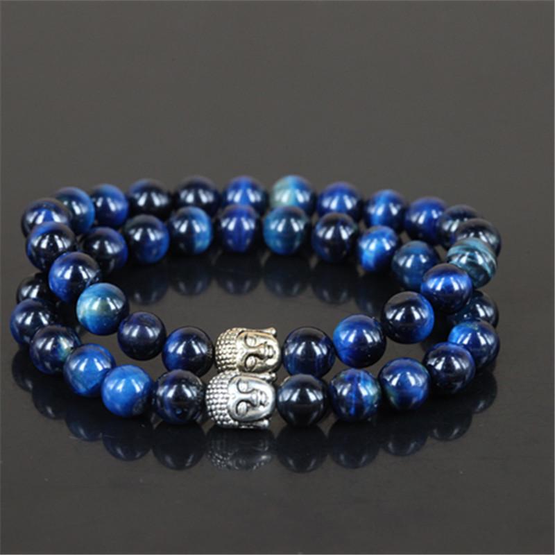 2pcs Natural Blue Tiger Eye  Buddha Head Bracelets