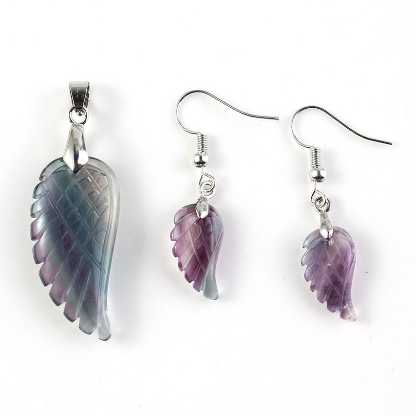 Hand Carved Natural Rainbow Fluorite Stone Angel Wing Pendant-FREE EARRINGS included!