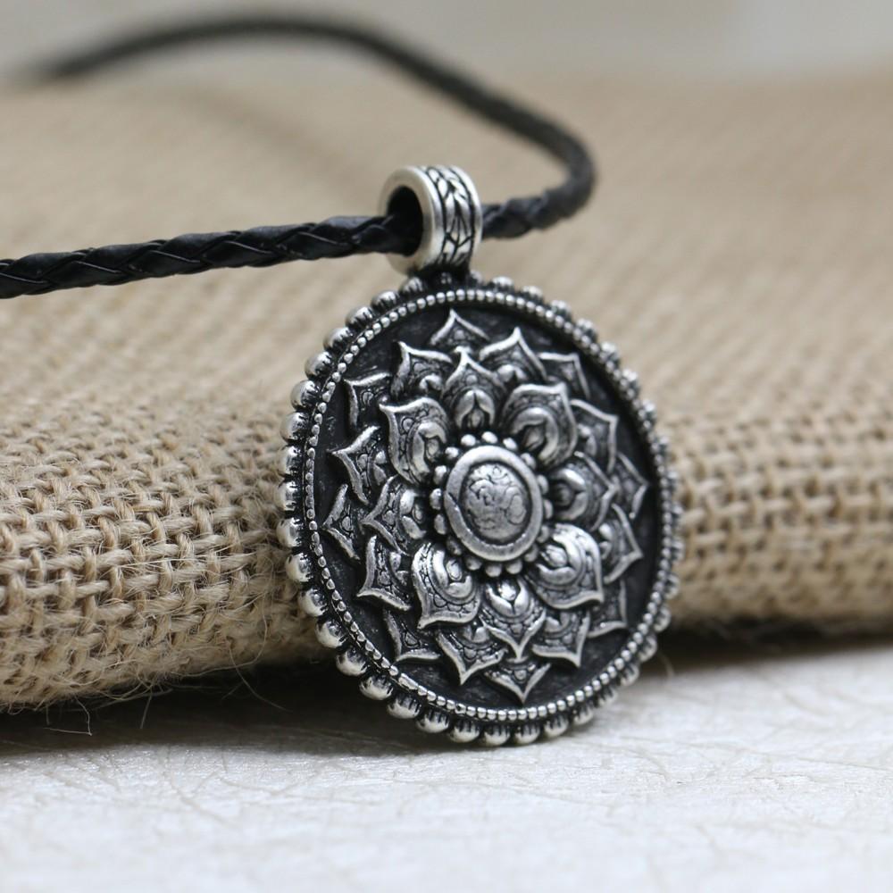 Tibetan Antique Silver Om Lotus Mandala  Necklace