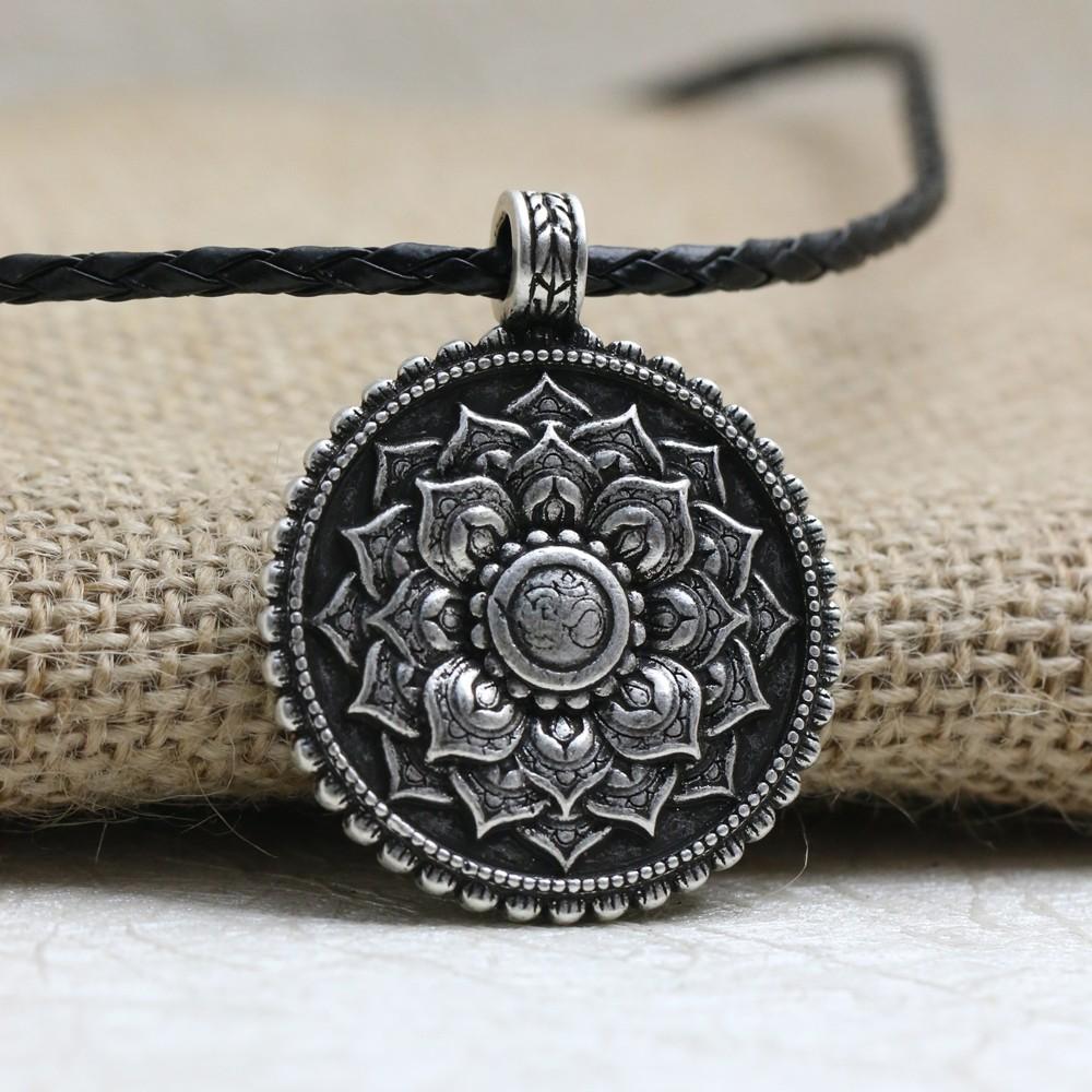 Tibetan Antique Silver Om Lotus Mandala  Necklace