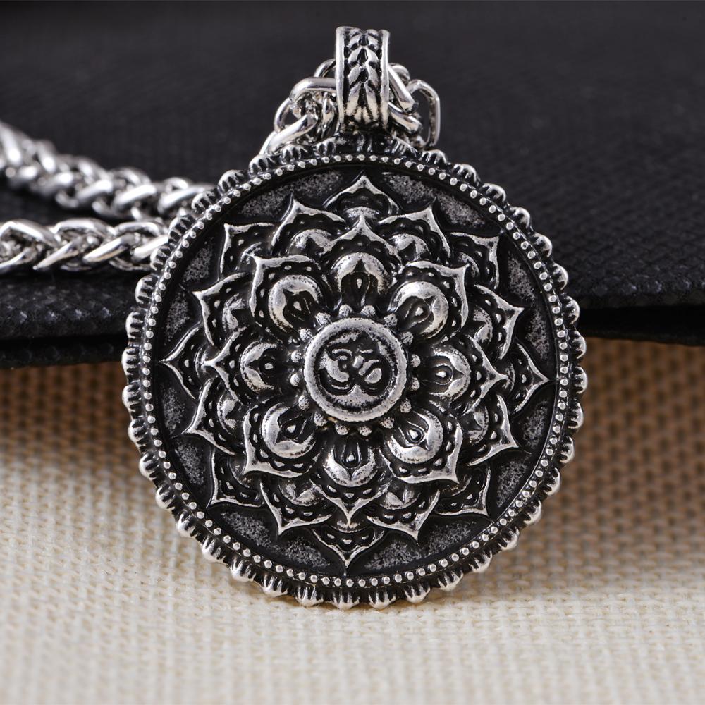 Tibetan Antique Silver Om Lotus Mandala  Necklace