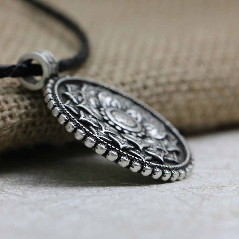 Tibetan Antique Silver Om Lotus Mandala  Necklace