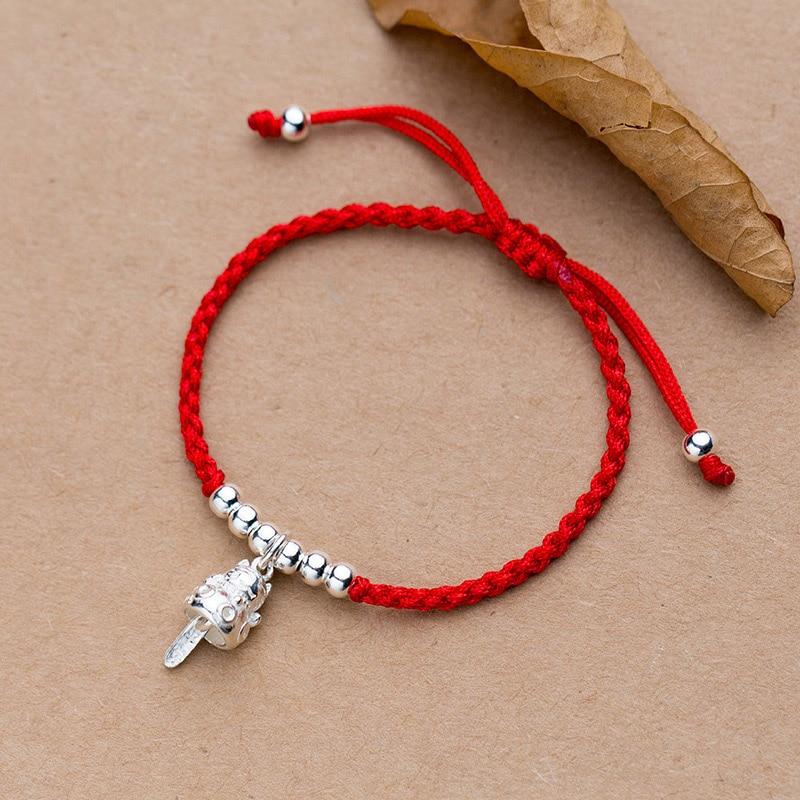 925 Silver & Lucky Red Rope Maneki Neko 'Beckoning Cat' Feng Shui Bracelet