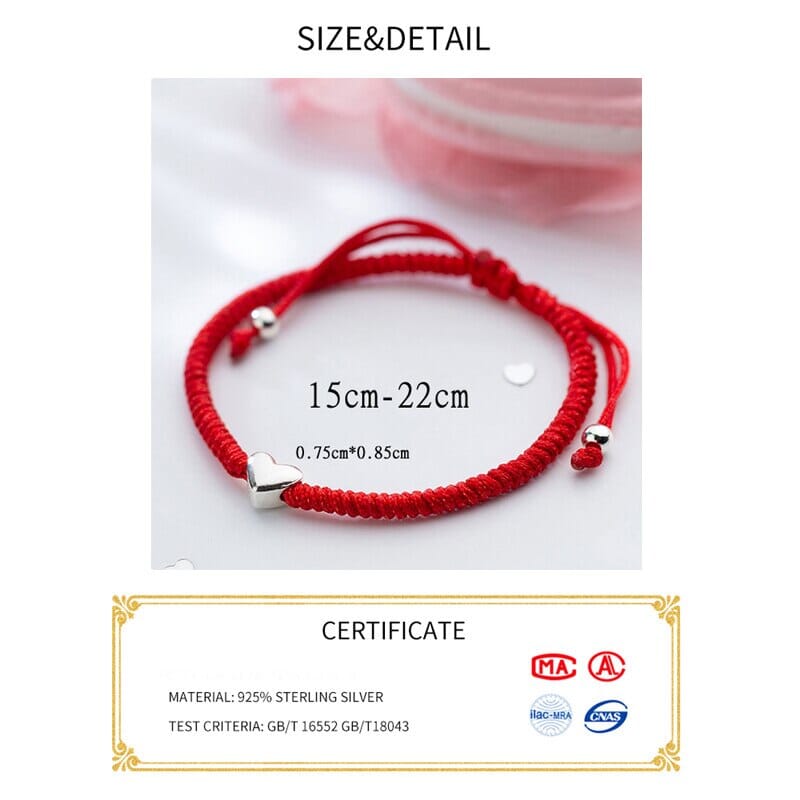 Cute Sterling Silver Heart Red Rope Bracelet