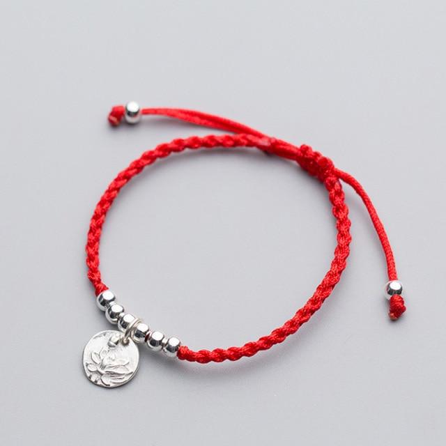 Sterling Silver LOTUS FLOWER 'PATIENCE'  Red Rope Bracelet