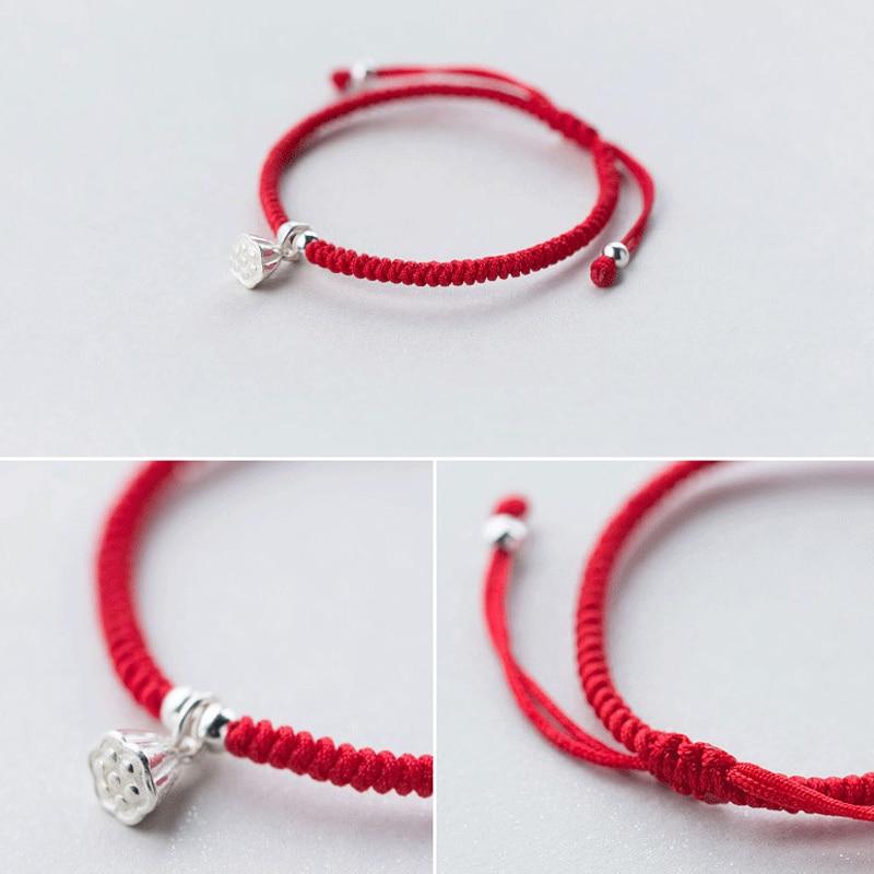 925 Sterling Silver LOTUS FLOWER SEED Red Rope Bracelet