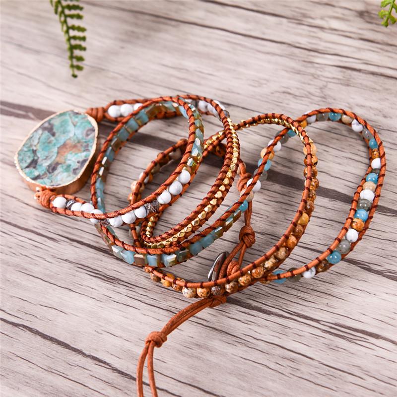 5 Layer Turquoise Jasper Stone  Leather Wrap Bracelet