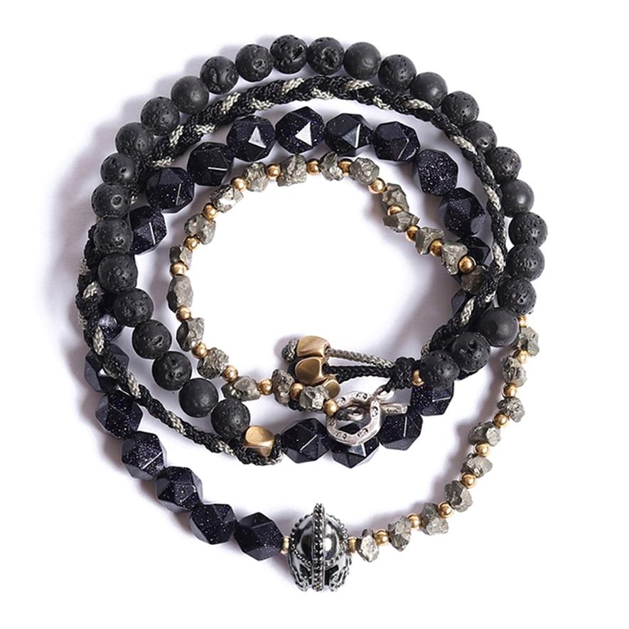 Blue Sandstone ,Lava Stone, Braid & Pyrite Stone 'NEVER GIVE UP' Spartan Spirit Wrap Bracelet