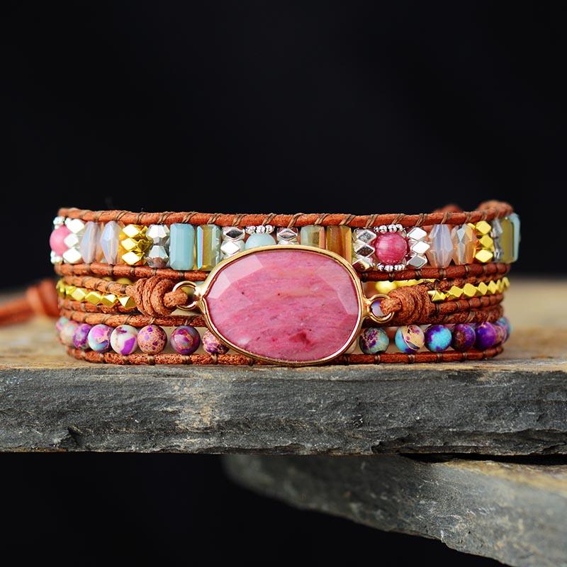 Rhodochrosite, Leather & Stone 'OPEN THE HEART' Wrap Bracelet