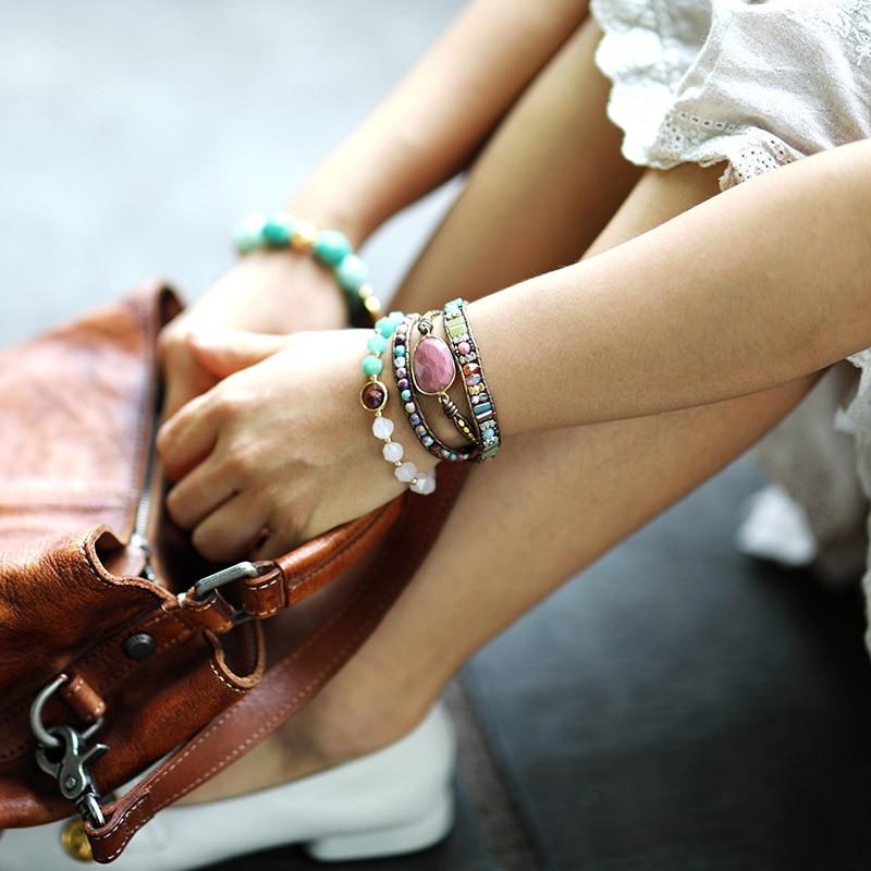 Rhodochrosite, Leather & Stone 'OPEN THE HEART' Wrap Bracelet