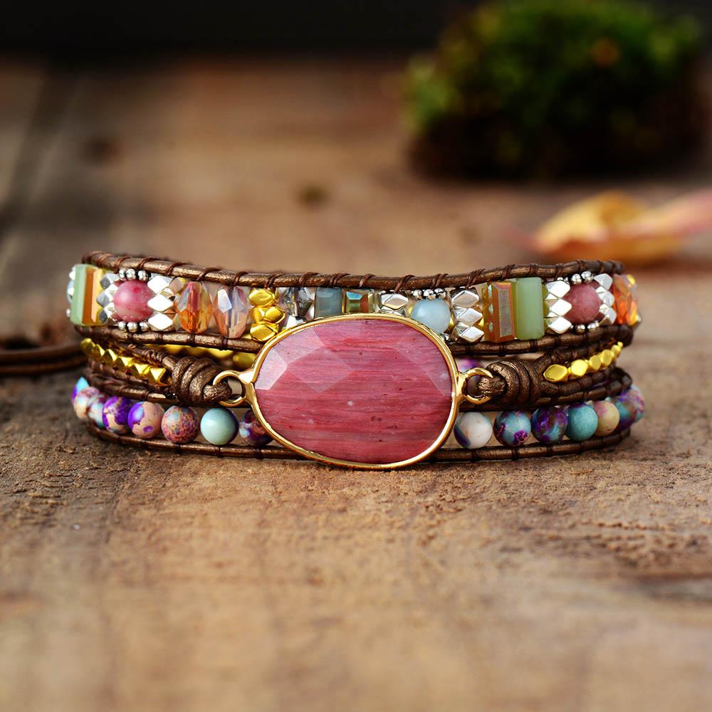 Rhodochrosite, Leather & Stone 'OPEN THE HEART' Wrap Bracelet