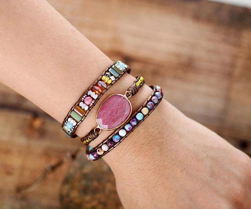 Rhodochrosite, Leather & Stone 'OPEN THE HEART' Wrap Bracelet