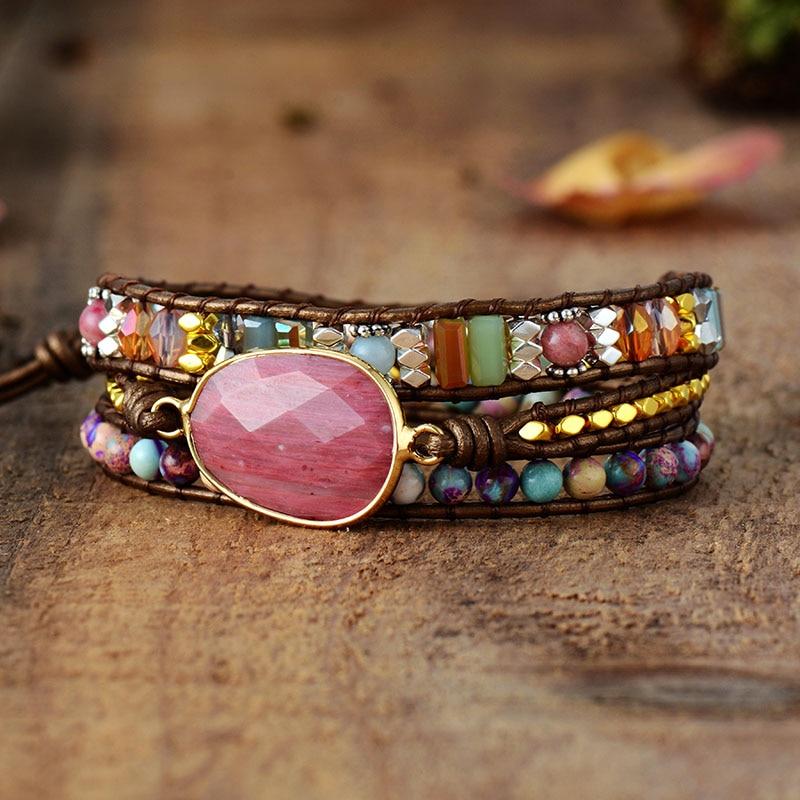 Rhodochrosite, Leather & Stone 'OPEN THE HEART' Wrap Bracelet