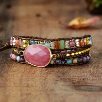 Thumbnail for Rhodochrosite, Leather & Stone 'OPEN THE HEART' Wrap Bracelet