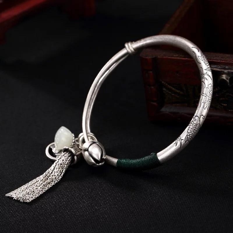 Ethnic Thai Silver Buddhist Lotus & Jade 'ENLIGHTENMENT' Bangle