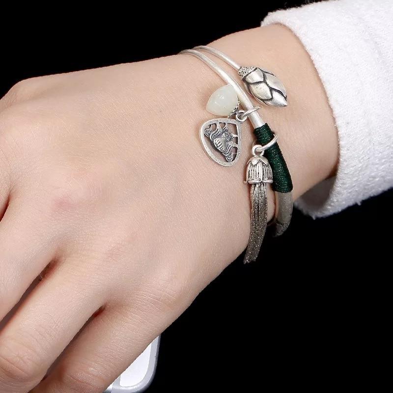 Ethnic Thai Silver Buddhist Lotus & Jade 'ENLIGHTENMENT' Bangle