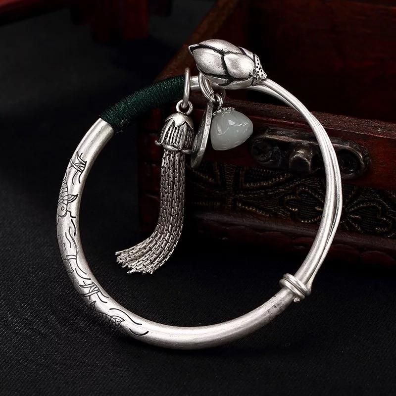 Ethnic Thai Silver Buddhist Lotus & Jade 'ENLIGHTENMENT' Bangle