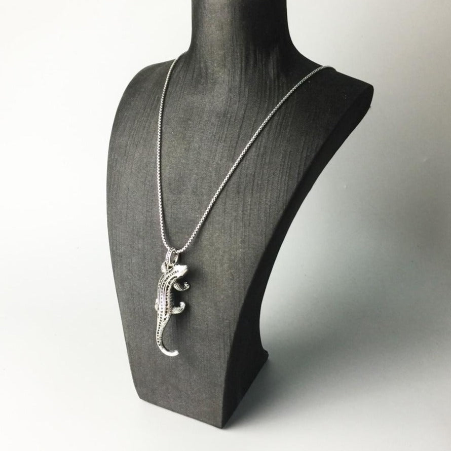 Silver & Zirconia Tribal Patterned Gecko Pendant Necklace