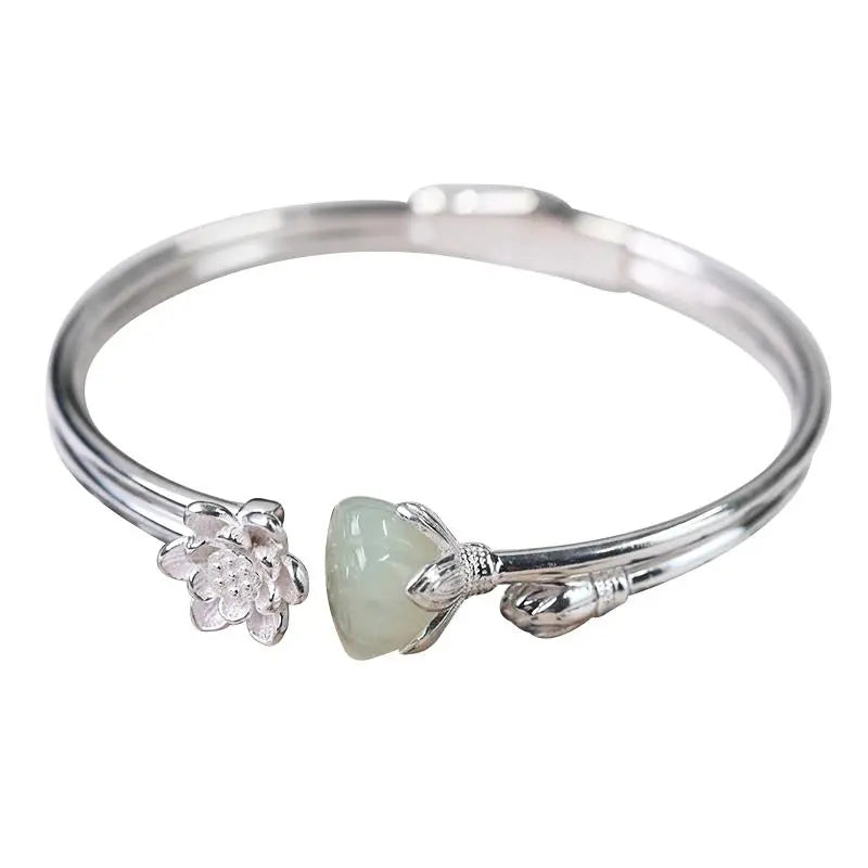 Lotus Jade Silver Bangle