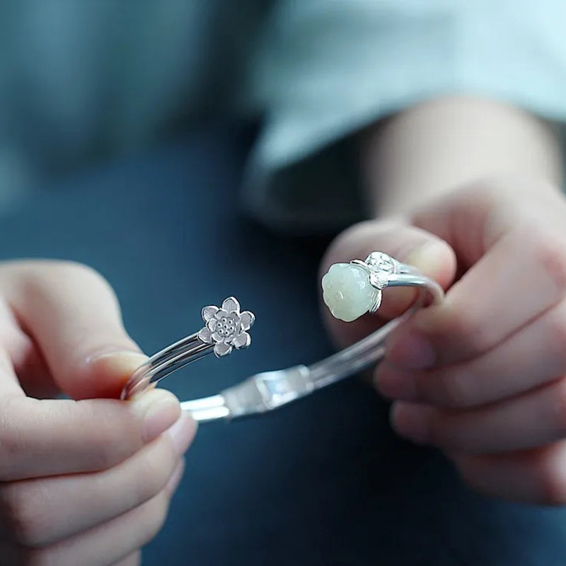 Lotus Jade Silver Bangle