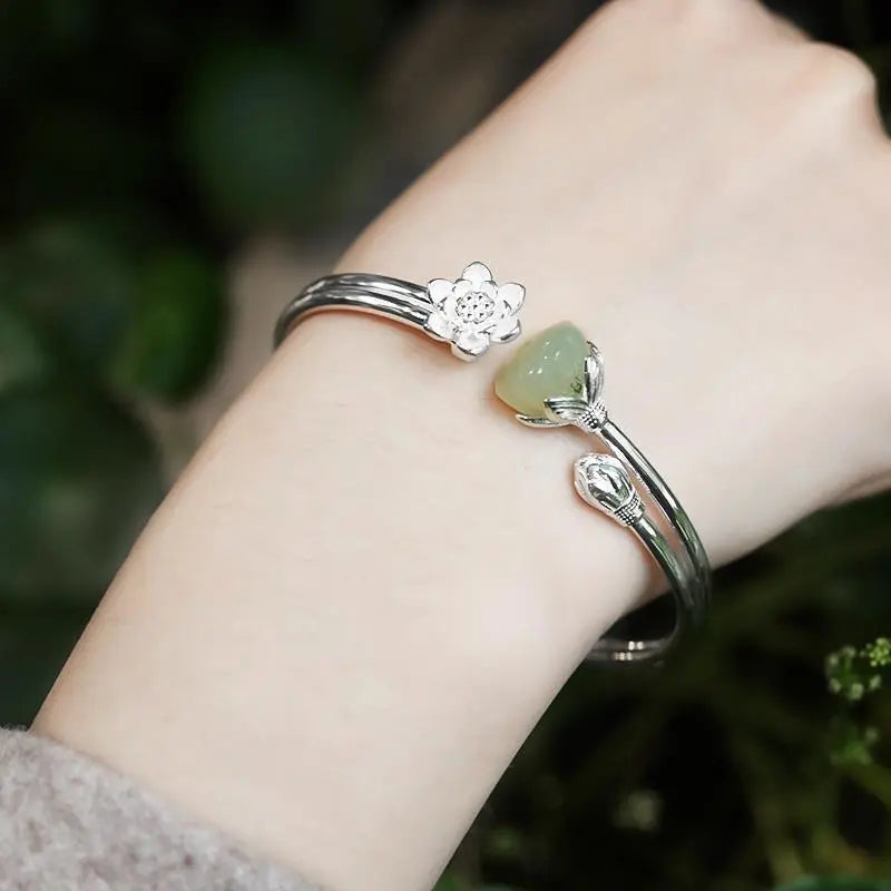 Lotus Jade Silver Bangle